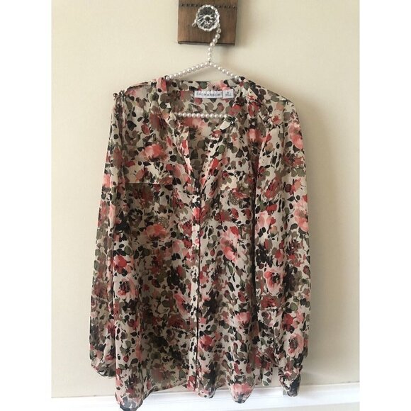 NWT Sag Harbor Womens Size 1X Fireberry Floral Blouse Long Sleeve Semi Sheer - Picture 1 of 9